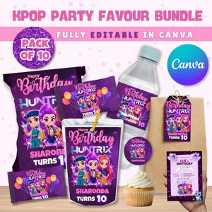 May include: A KPOP party favor bundle with a purple and pink theme. The bundle includes a variety of items such as a chip bag, drink pouch, water bottle, tag, sticker, and invitation. The text "Happy Birthday Huntrix" and "Sharonda Turns 10" is visible.