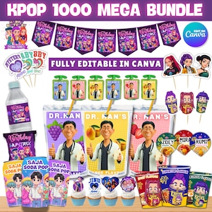 May include: A KPOP 1000 Mega Bundle featuring various party supplies. Includes banners, cupcake toppers, juice boxes, soda pop, and water bottles. The items have colorful graphics and text, including "Birthday Huntrix" and "Fully Editable in Canva."