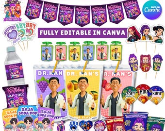 May include: A KPOP 1000 Mega Bundle featuring various party supplies. Includes banners, cupcake toppers, juice boxes, soda pop, and water bottles. The items have colorful graphics and text, including "Birthday Huntrix" and "Fully Editable in Canva."