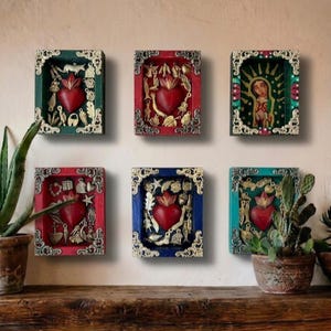 Virgen de Guadalupe Nicho Retablo I Milagros Mexican Folk Art Religious Wall Decor | Sacred Heart | Catholic Home Altar I Shadow box