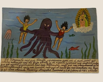 Retablo Ex Voto Day Of The Dead Mother Daughter Swimming Attacked By Octopus