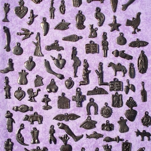 100 Antiqued Silver Milagros Charms: Assorted Mexican Ex Votos