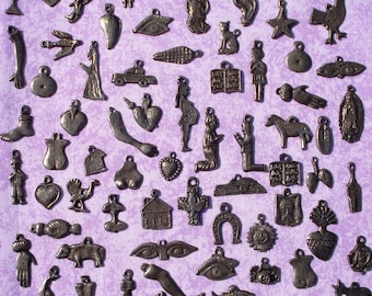 MIlagros Charms Antiqued Silver Whole Sale Lot 100 Assorted  Mexican Milagros Charms Ex votos Offerings