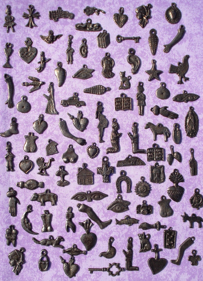 MIlagros Charms Antiqued Silver Whole Sale Lot 100 Assorted Mexican Milagros Charms Ex votos Offerings image 1