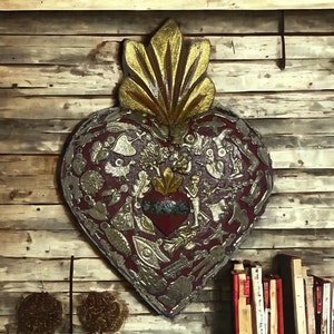 Heart On Heart With Milagros | Milagros Charms Wood Hand Carved I Home Decor Ex Voto Nicho I Retablo Style Altar Offerings I H 9 x 6 x 1