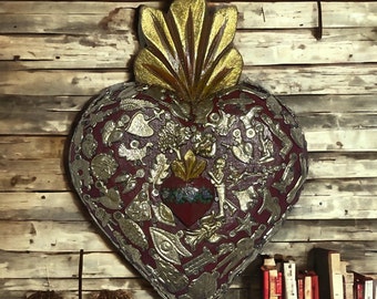 Heart On Heart With Milagros | Milagros Charms Wood Hand Carved I Home Decor Ex Voto Nicho I Retablo Style Altar Offerings I H 9 x 6 x 1