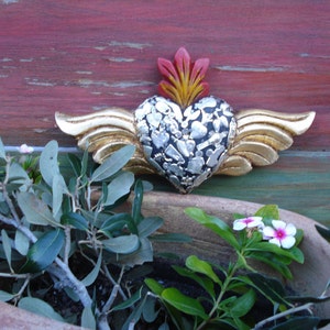 Heart  Milagros With Wings Sacred Flaming Wood Heart Milagro Charms Ex voto Nicho