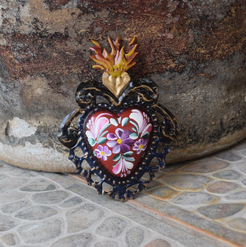 Heart Tin Painted Ornament Sacred Flaming Heart With Flares Etsy