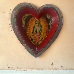 Heart Virgin Mary Retablo With Milagros I Mary of Guadalupe I Virgen de Guadalupe Milagros Charms Ex Voto's Altar Offerings I H 11 x 10 x 2