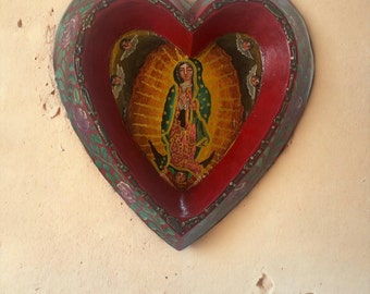 Heart Virgin Mary Retablo With Milagros I Mary of Guadalupe I Virgen de Guadalupe Milagros Charms Ex Voto's Altar Offerings I H 11 x 10 x 2