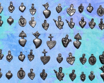 Hearts Milagros Charms | Hearts Charms 25 Milagro Assorted Antiqued Silver Tone | Vintage Petite Heart | Silver Plated Heart Charms