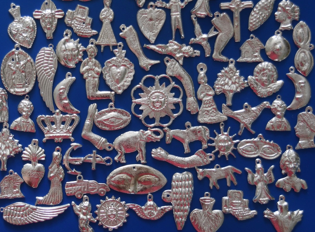 Milagros Charms 25 Large Silver Tone Assorted Mexican Milagro Charm