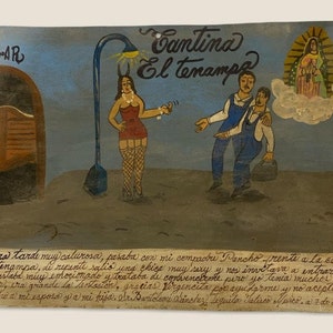 Retablo Ex Voto Day Of The Dead  Going Into A Devilish Cantina With My Compadre