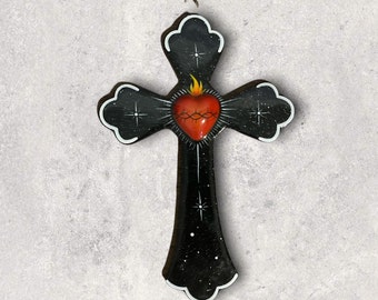 Heart Sacred Heart Cross Holy Heart Cross 3 D Black Tone Milagro Milagros Ex voto Nicho Charm  Style