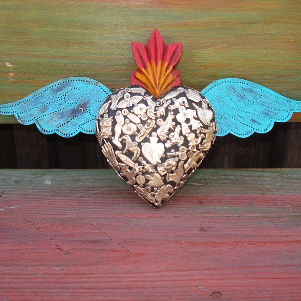 Wood Carved Sacred Heart With Milagros Sacred Flaming Heart with tin wings