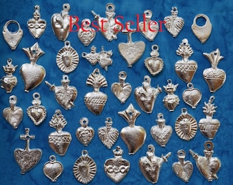 Hearts Milagros Charms | Milagro Ex Voto Hearts Charms | Vintage Petite Love Heart Locket Pendant | 25 Silver Plated Heart Charms l Art