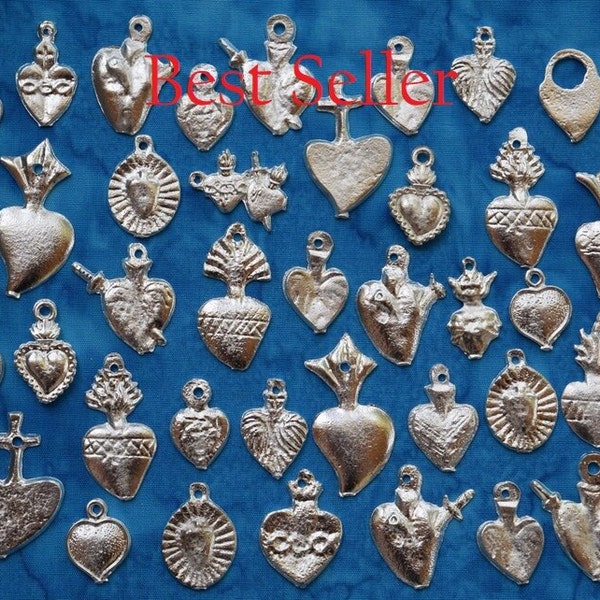 Hearts Milagros Charms | Milagro Ex Voto Hearts Charms | Vintage Petite Love Heart Locket Pendant | 25 Silver Plated Heart Charms l Art