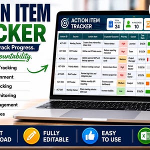 May include: A laptop screen displaying an Action Item Tracker Excel template with columns for Action ID, Source, Action Item, Expected Outcome, Priority, Owner, Due Date, Progress, Status, and Days Overdue, featuring summary boxes for total actions.