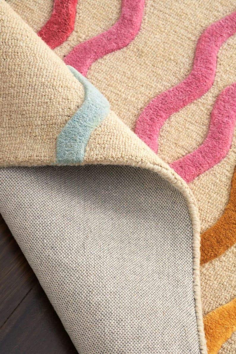 Modern Colorful Squiggle Wavy Area Rug - Abstract Hand Tufted Wool Rug ...