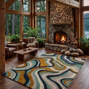 Alfombra moderna abstracta de lana tejida a mano, alfombra topográfica ondulada para la decoración de la sala de estar.