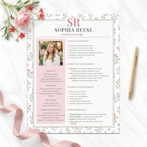 Sorority Resume Template with Photo, Editable Resume and Cover Letter for Sorority Recruitment, Rush Resume Template, Feminine Floral