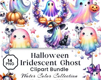Halloween iriserende spook clipart, pompoenen, katten, vleermuizen, pastel spookachtige graphics, digitale download, trendy spook png