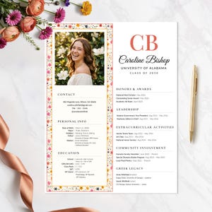 Plantilla editable de currículum para hermandades femeninas con diseño floral y foto, elegante carta de presentación para reclutamiento, paquete de bienvenida para la vida griega, PNM 2026