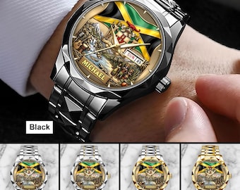 Relógio personalizado com mostrador da Jamaica, relógio com nome personalizado e bandeira da Jamaica, presente para homens que demonstra orgulho da Jamaica, relógio de pulso com temática caribenha.