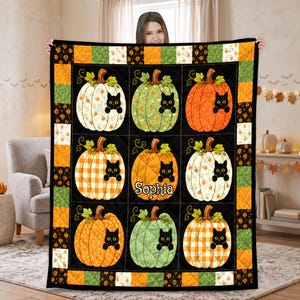Individuelle Kürbis-Katzendecke, Halloween-Steppdecke mit schwarzer Katze, Herbstdecke mit schwarzer Katze, süßes Geschenk für die Herbst-Schlafzimmerdekoration, Kürbis-Herbstdecken-Dekoration