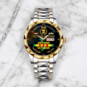 Personalized Name Vietnam Veteran Watch, Proud Veteran Watch, Military Veteran Watch, Father's Day Gift, Veteran Day Gift For Dad/ Grandpa Silver Gold