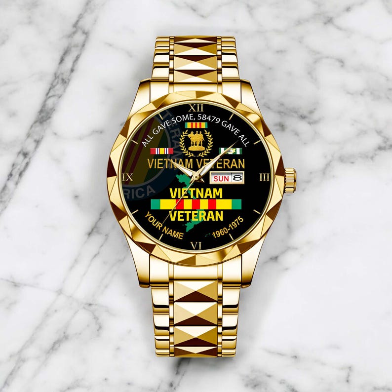 Personalized Name Vietnam Veteran Watch, Proud Veteran Watch, Military Veteran Watch, Father's Day Gift, Veteran Day Gift For Dad/ Grandpa Gold