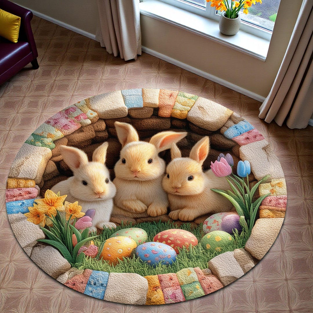 Round Easter Rug Easter Bunny Round Rug, Cute Rabbit Rug With Colorful Eggs, Spring Home ...