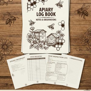 Puede incluir: Un PDF imprimible de descarga digital de un libro de registro de apicultura. La portada presenta ilustraciones de abejas, colmenas y panales. Las páginas interiores incluyen secciones para el registro de colmenas, registros de inspección y observaciones. El texto "Apiary Log Book" se muestra de forma destacada.