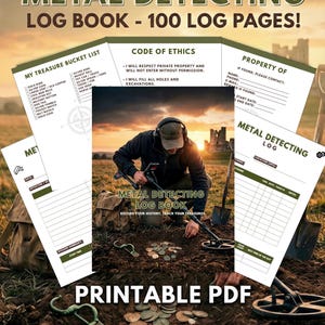Puede incluir: Un libro de registro de detección de metales con 100 páginas de registro. La portada presenta a una persona usando un detector de metales, con el texto "Metal Detecting Log Book - Record Your History, Track Your Treasures." Incluye una lista de tesoros y un código de ética.