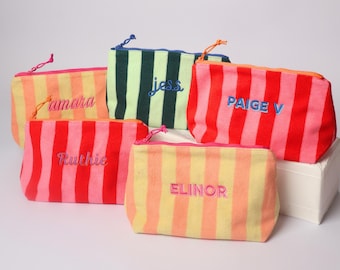 Monogram Terry Cloth Makeup Bag, Striped Cosmetic Pouch, Personalized Gift