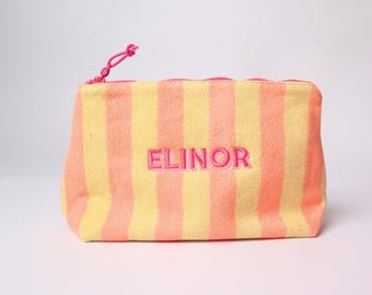 Monogram Terry Cloth Makeup Bag, Striped Cosmetic Pouch, Personalized Gift