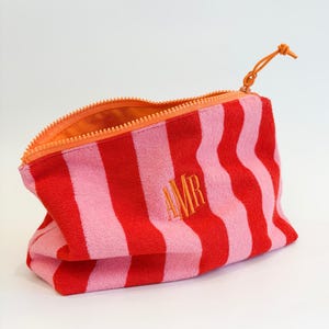Monogram Terry Cloth Makeup Bag, Custom Initials Cosmetic Pouch, Personalized Stripped Travel Bag, Gift for Her, shadow embroidery,