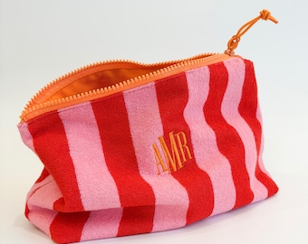 Monogram Terry Cloth Makeup Bag, Custom Initials Cosmetic Pouch, Personalized Stripped Travel Bag, Gift for Her, shadow embroidery,