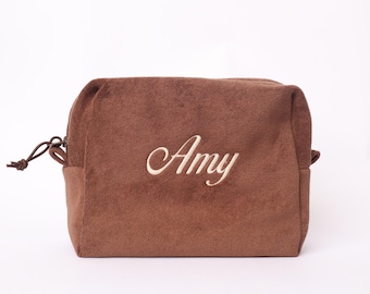 Monogram Terry Cloth Makeup Bag, Custom Initials Cosmetic Pouch, Personalized Travel Bag, Gift for Her, drop shadow embroidery
