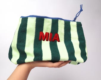 Monogram Terry Cloth Makeup Bag, Custom Initials Cosmetic Pouch, Personalized Stripped Travel Bag, Gift for Her, shadow embroidery,