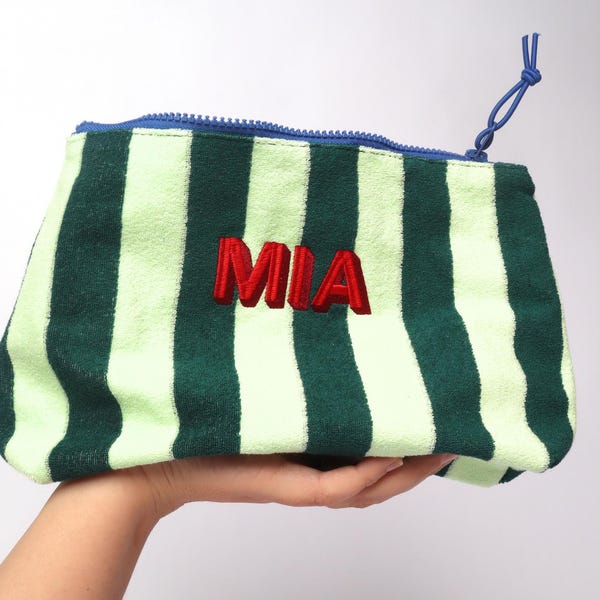Monogram Terry Cloth Makeup Bag, Custom Initials Cosmetic Pouch, Personalized Stripped Travel Bag, Gift for Her, shadow embroidery,