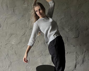 Frans linnen overhemd | Trendy linnen blouse met lange mouwen voor dames | Stonewashed, losvallend, biologisch | Aanpasbaar, cadeau: