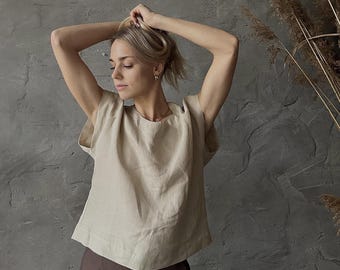 Leinen Kurzarm-Bluse, lockeres Leinen Top. Reines europäisches Leinen-T-Shirt, stonewashed, handgemacht, individualisierbar, schenkbar