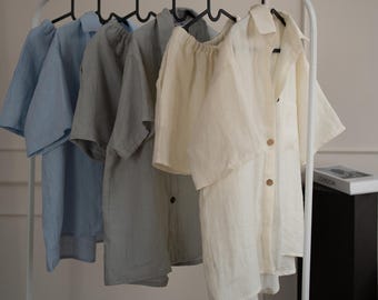 LINNEPYJAMASSET | inkluderar en linneskjorta och linneshorts | 100 % linne nattkläder, loungekläder, stentvättade linnekläder | Handgjort