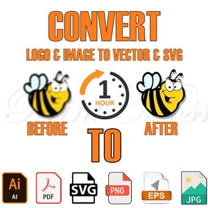 May include: A graphic display showing the text CONVERT LOGO & IMAGE TO VECTOR & SVG. It features a pixelated bee labelled BEFORE, a clock icon labelled 1 HOUR, and a sharp vector bee labelled AFTER. Below are icons for AI, PDF, SVG, PNG, EPS, and JPG files.