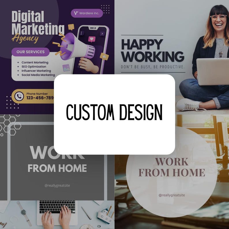 May include: A promotional graphic with the text "Digital Marketing Agency" and "Our Services" listed. The image includes a phone, a megaphone, and the words "Happy Working" and "Work From Home". The central text reads "Custom Design".