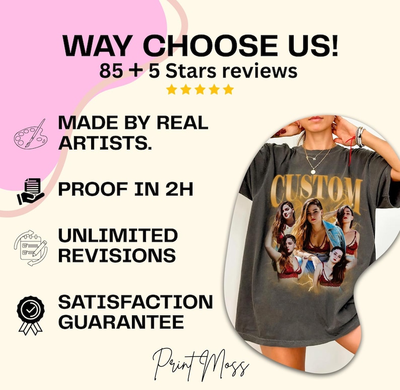 May include: A dark gray t-shirt with a custom design featuring multiple women and the word "CUSTOM" in gold lettering. The image also includes text that reads "WAY CHOOSE US!" and "MADE BY REAL ARTISTS."