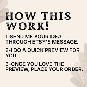 May include: Text on a beige background reads "HOW THIS WORK!" followed by numbered steps: Send your idea through Etsy's message, get a quick preview, and place your order.