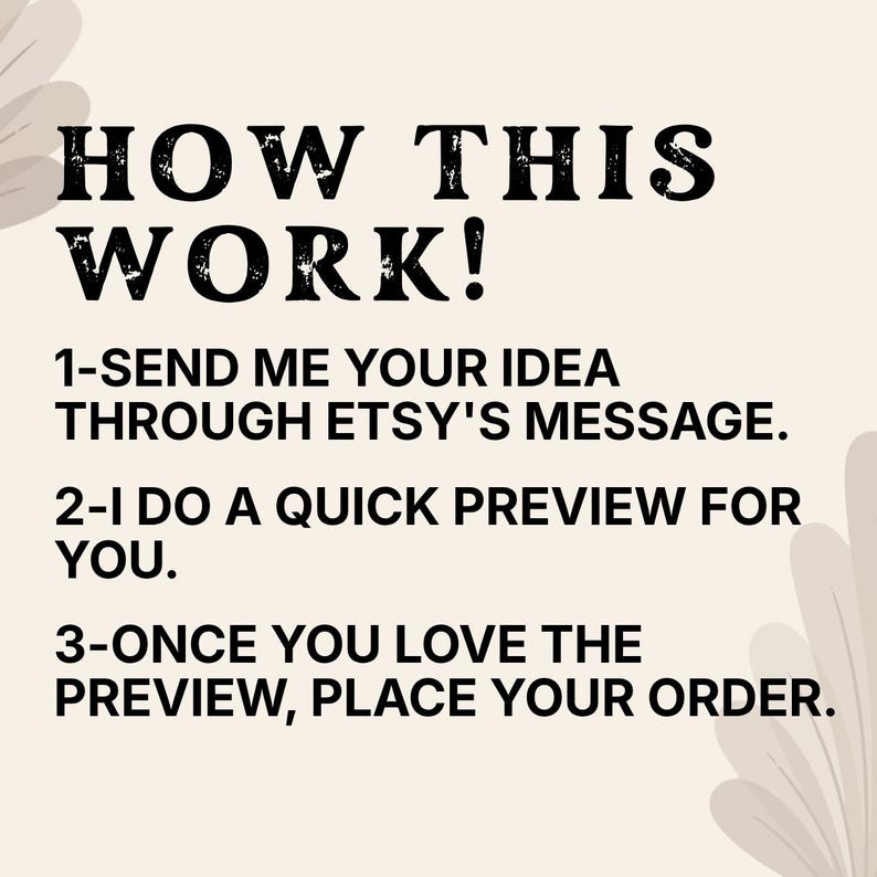 May include: Text on a beige background reads "HOW THIS WORK!" followed by numbered steps: Send your idea through Etsy's message, get a quick preview, and place your order.