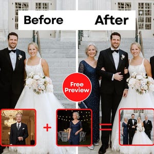May include: An advertisement for a wedding photo editing service. The image presents a 'before and after' comparison of a wedding photograph. The 'Before' image features a couple, while the 'After' image includes the couple and two additional people. The text 'Free Preview' is displayed.